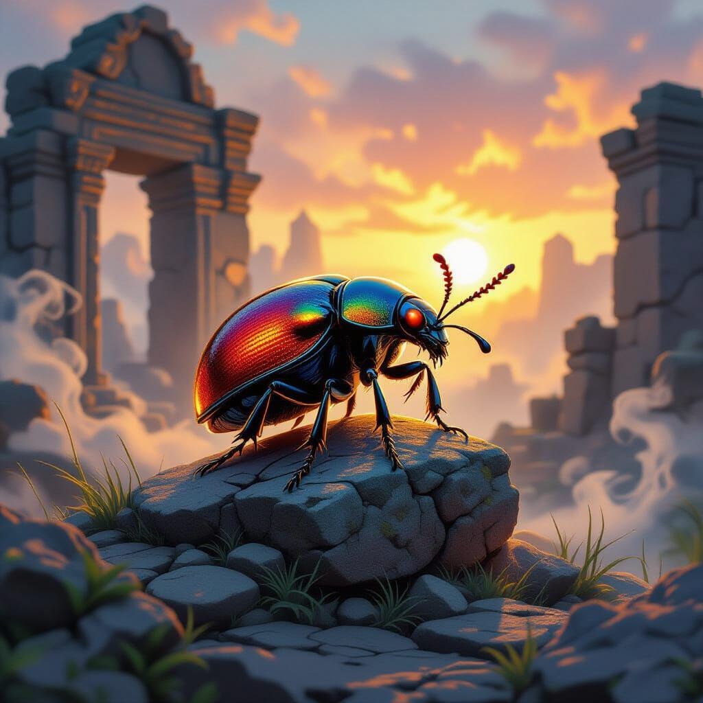 Majestic Phoenix Beetle on Ancient Ruins at Dawn