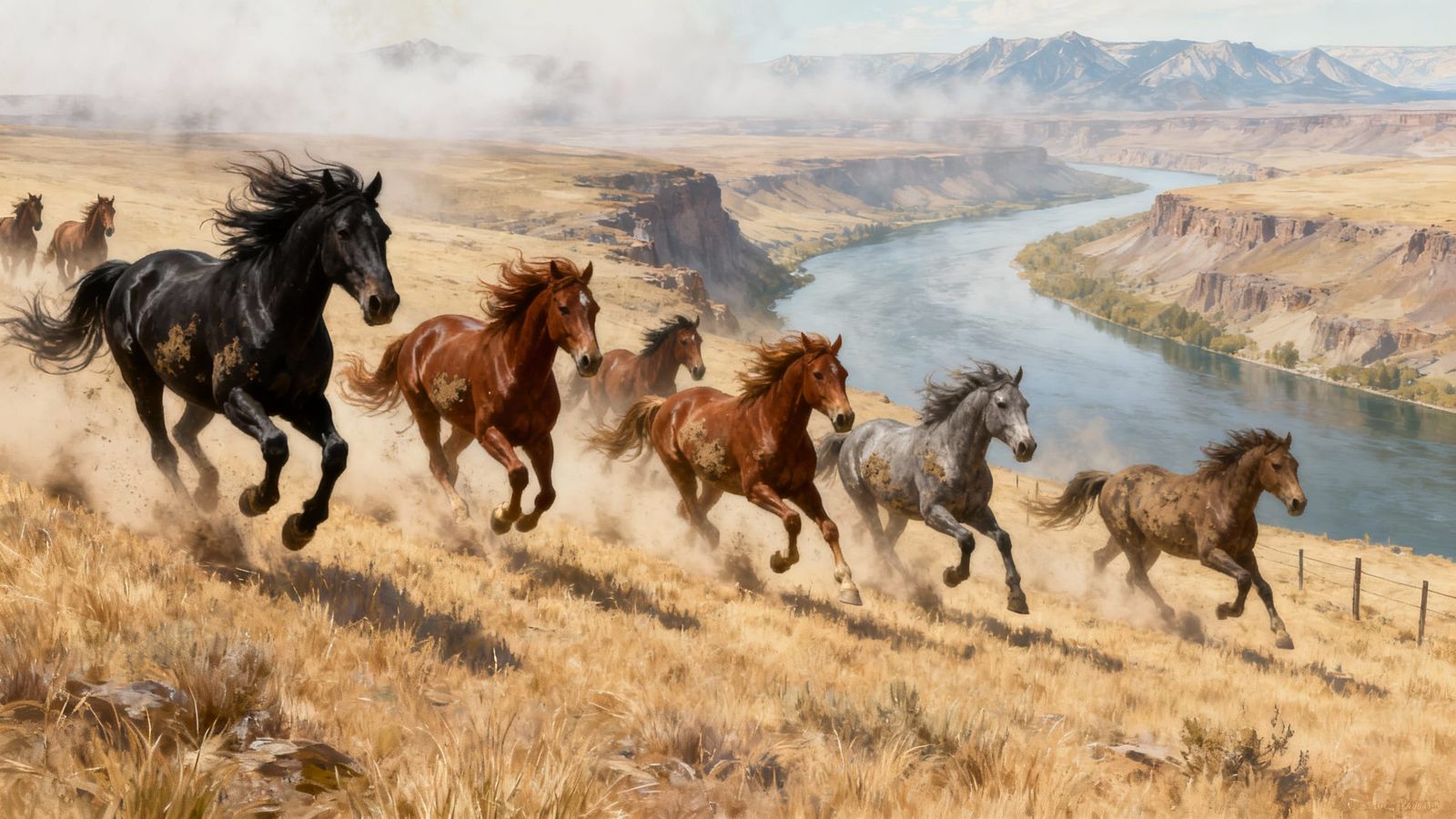 Wild Horses Gallop Across Plateau in Digital Art Style