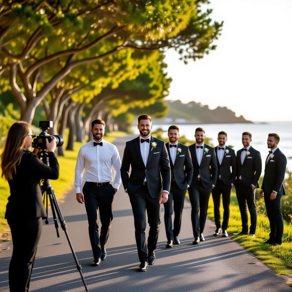 Groom and Friends Film Pre-Wedding Road Trip at Golden Hour