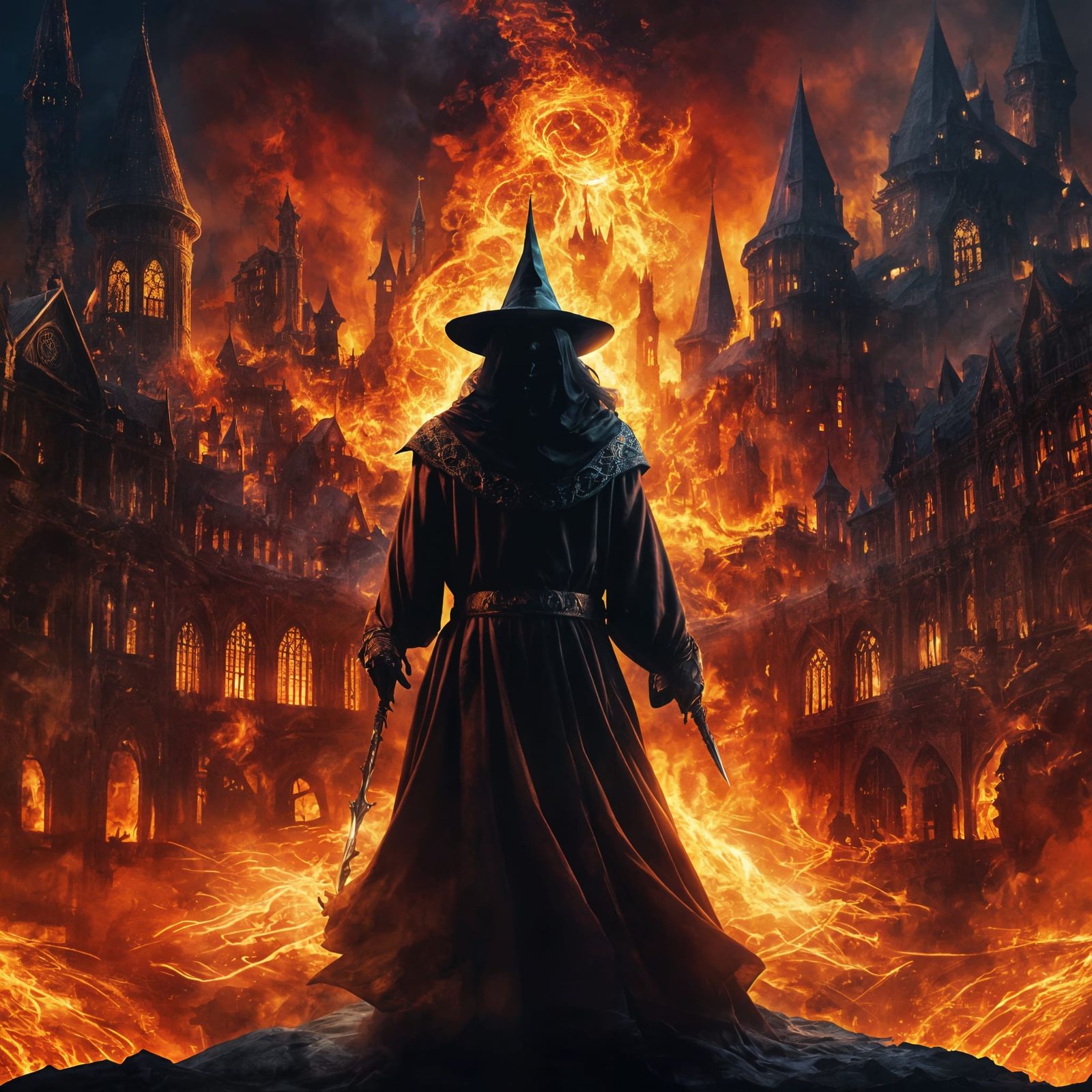 Dark Fantasy Wizard Silhouette with Burning City