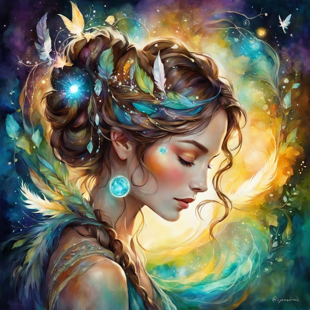 Mystical Satyr Shamaness Weaving Magic with Alcohol Inks