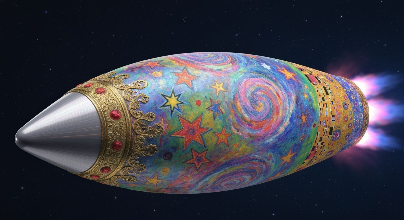 Worldship Glides Through Impasto Cosmos in Surrealist Style