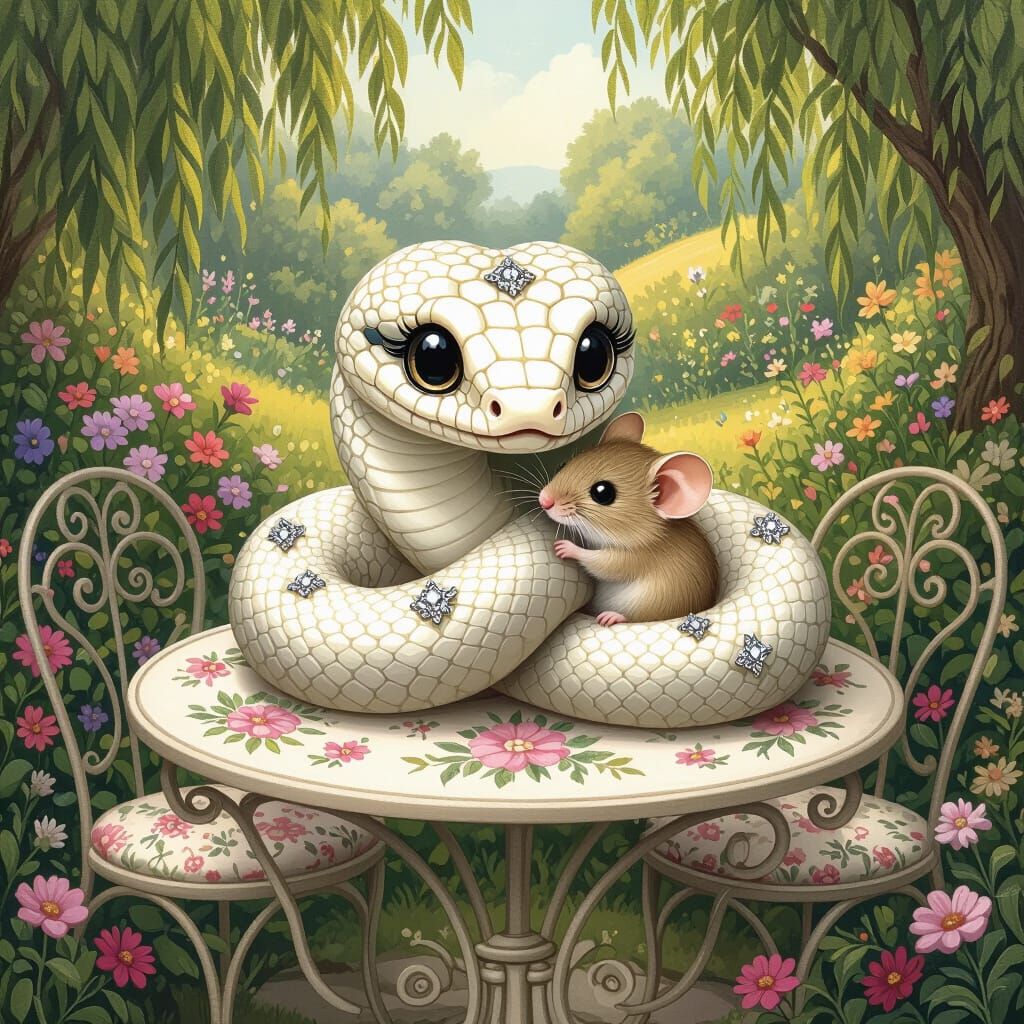 Island Viper and Mouse in Whimsical Garden
