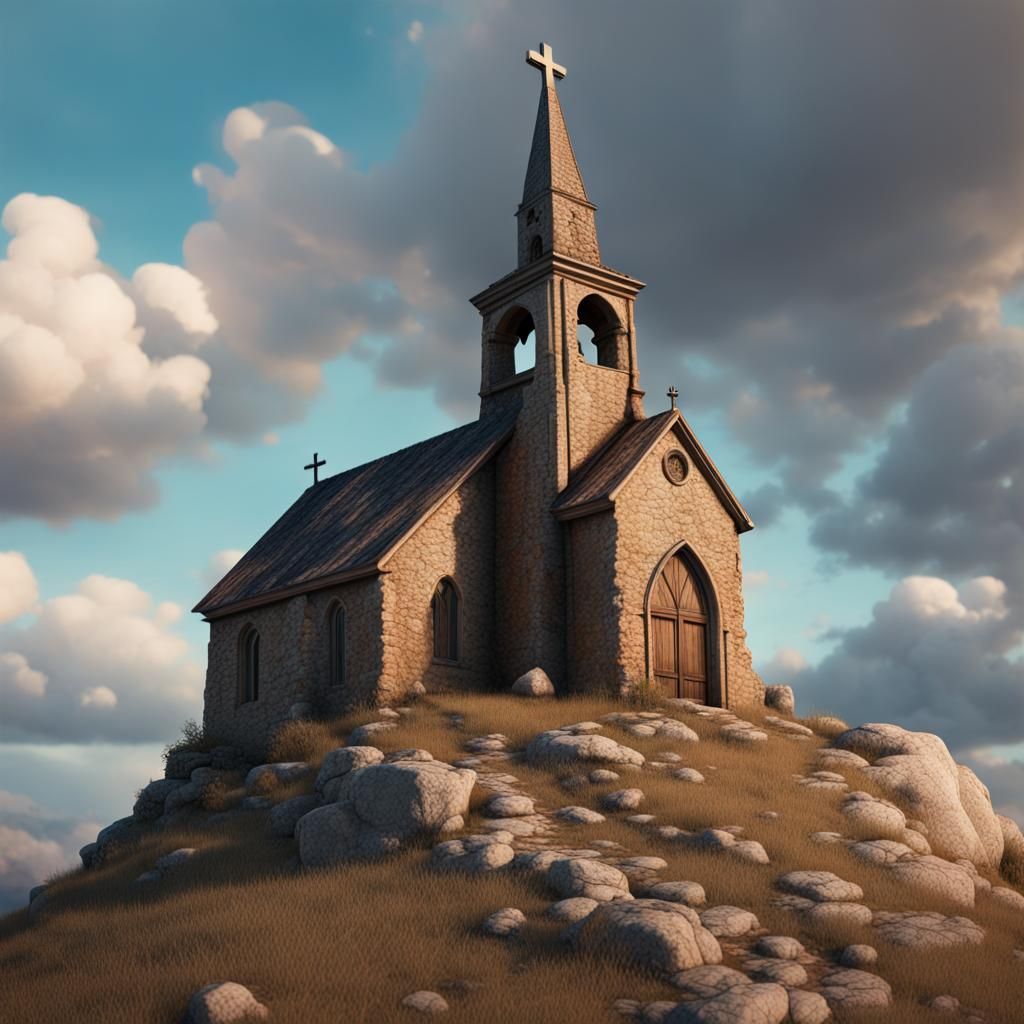 Old Rock Church on Hill in Hyperrealistic Style