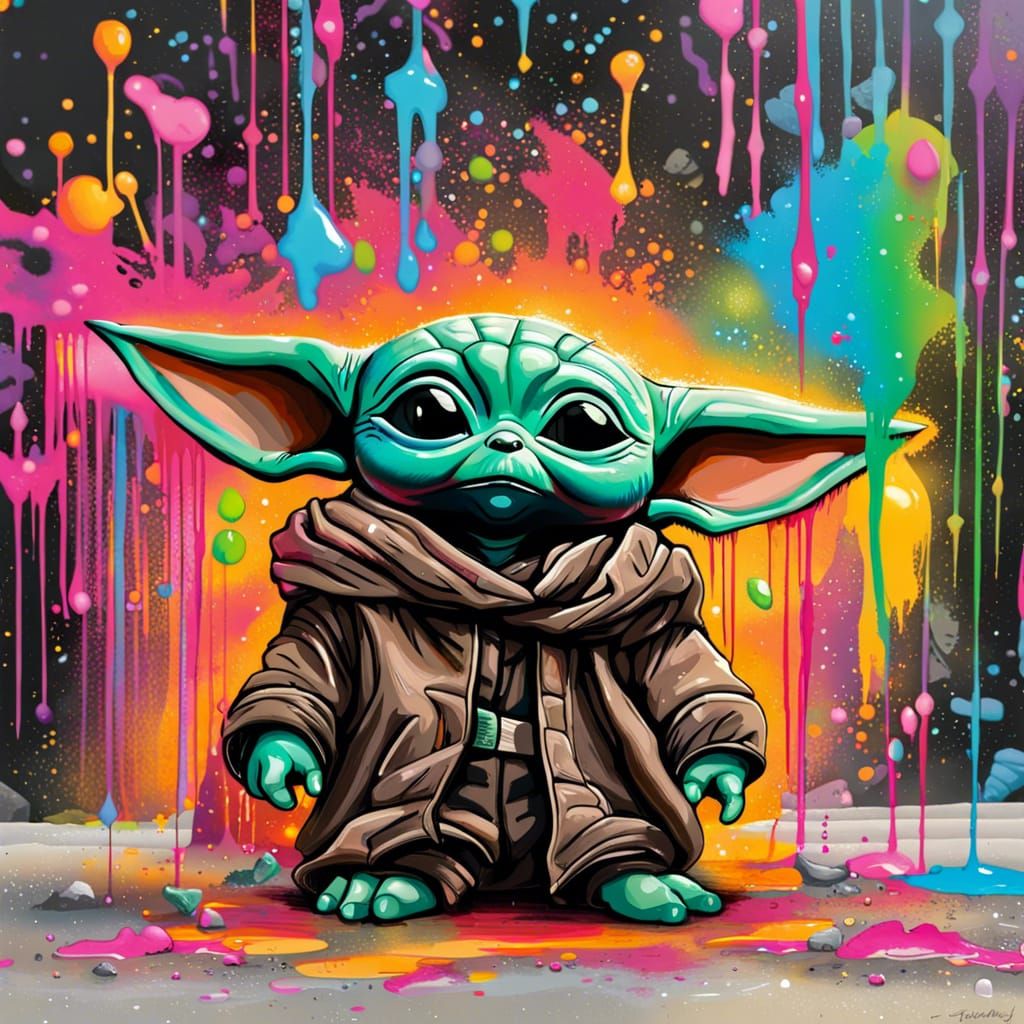 Whimsical Baby Yoda in Graffiti Art Style