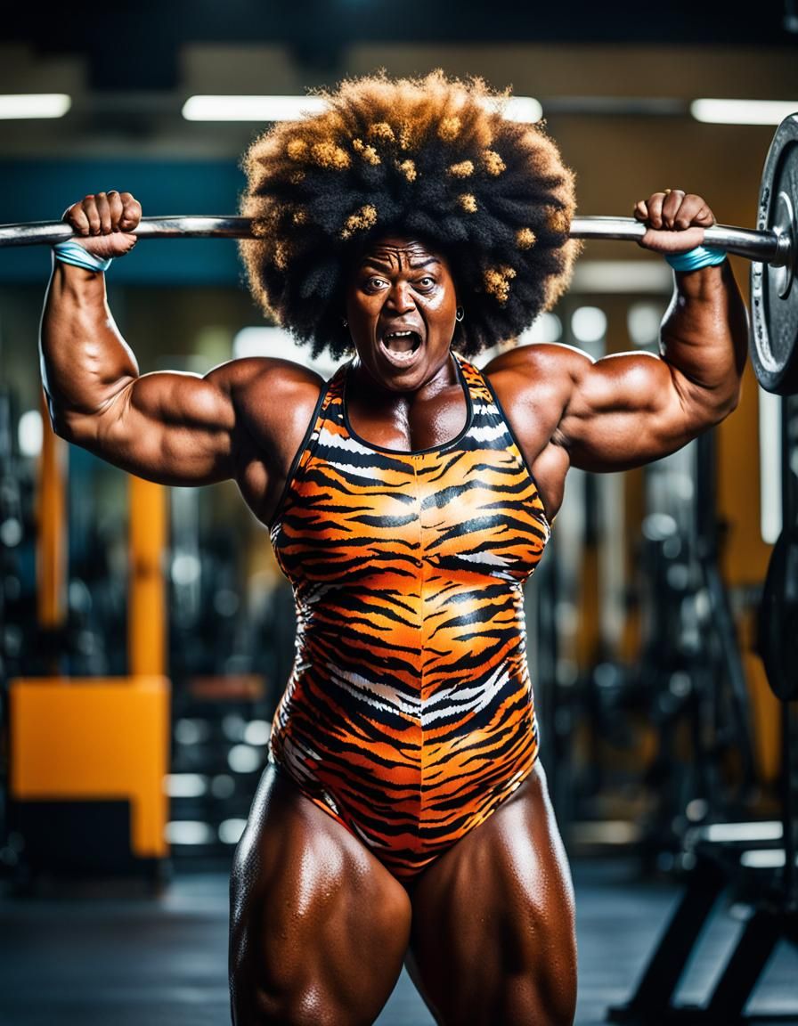 Chubby Muscle Athlete in Tiger Swimsuit, Painful Strength Po...