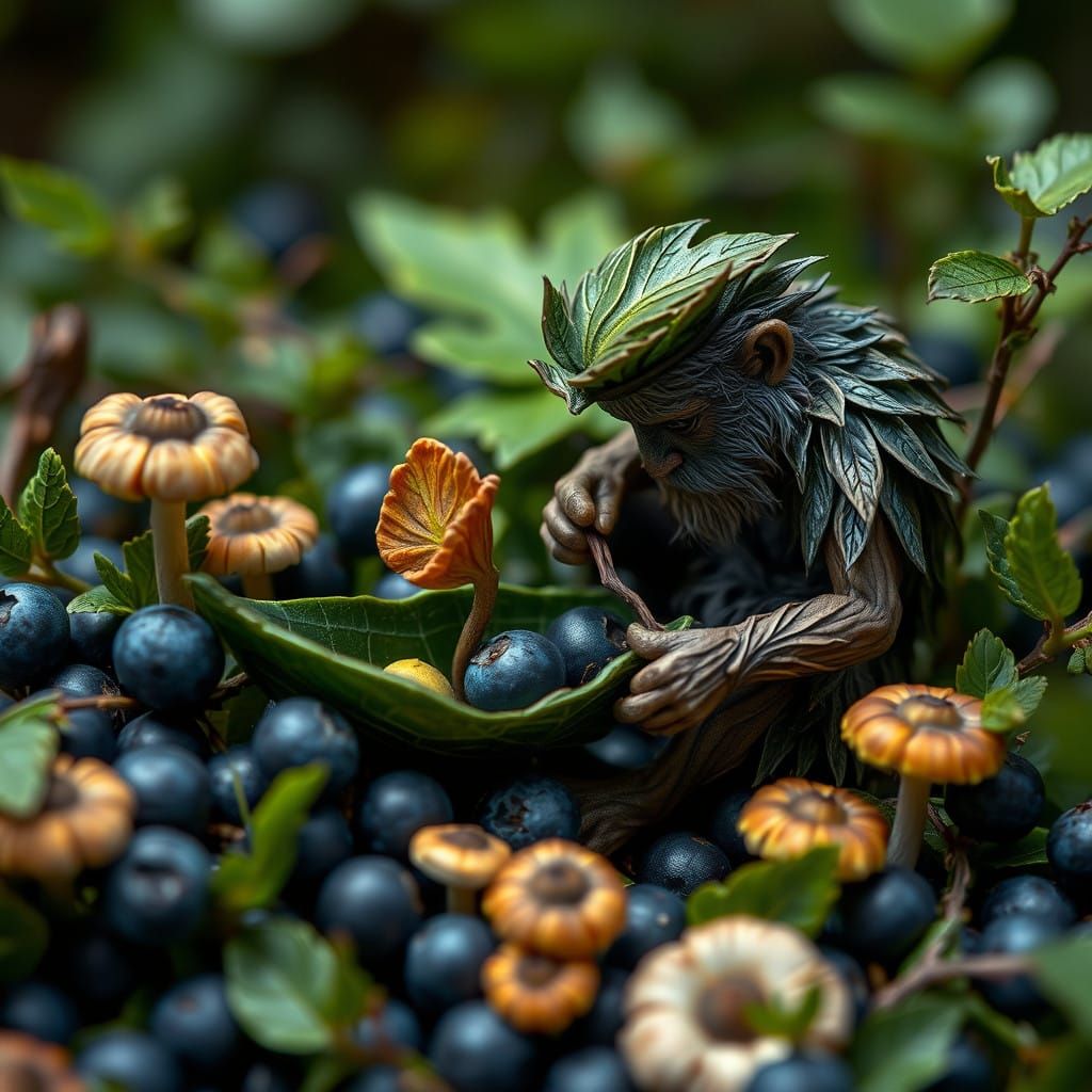 Tiny Leaf Man Crafts Delicate Boat in Lush Greenery