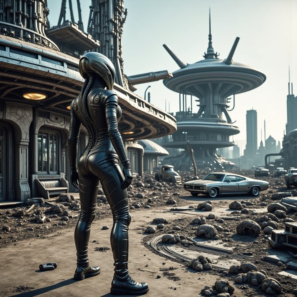 Cyberpunk War-Torn Cityscape with Space Suit and Abandoned C...