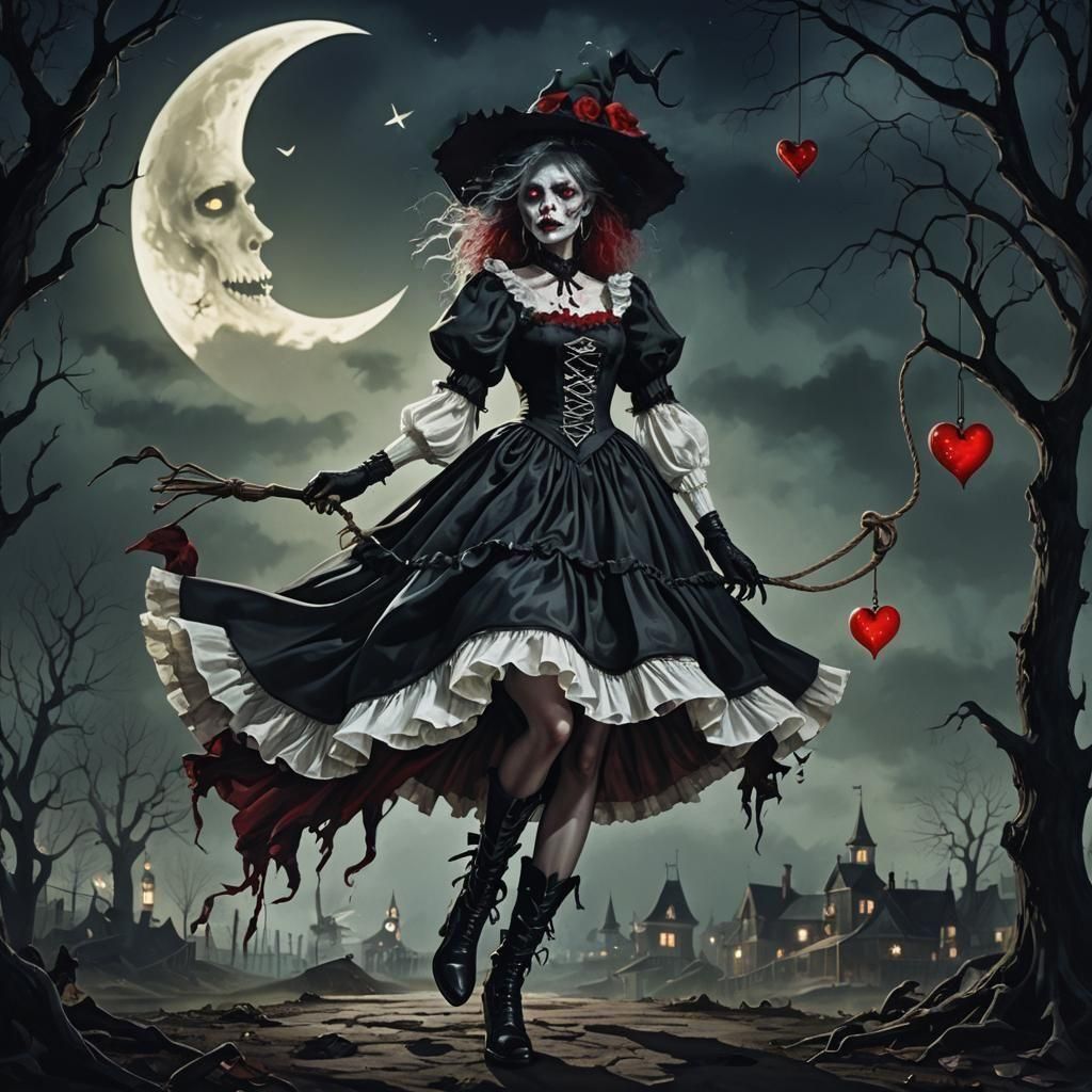 Zombie Witch on Crescent Moon in Fantasy Style
