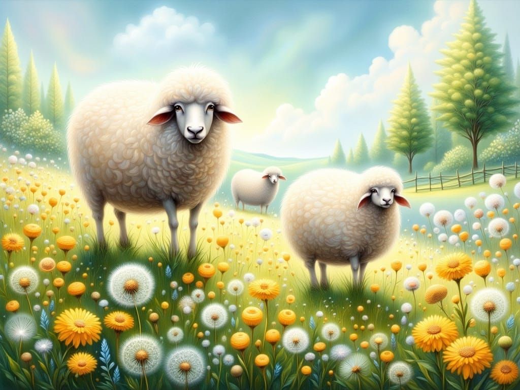 Sheep Graze in Meadow: Watercolor Painting