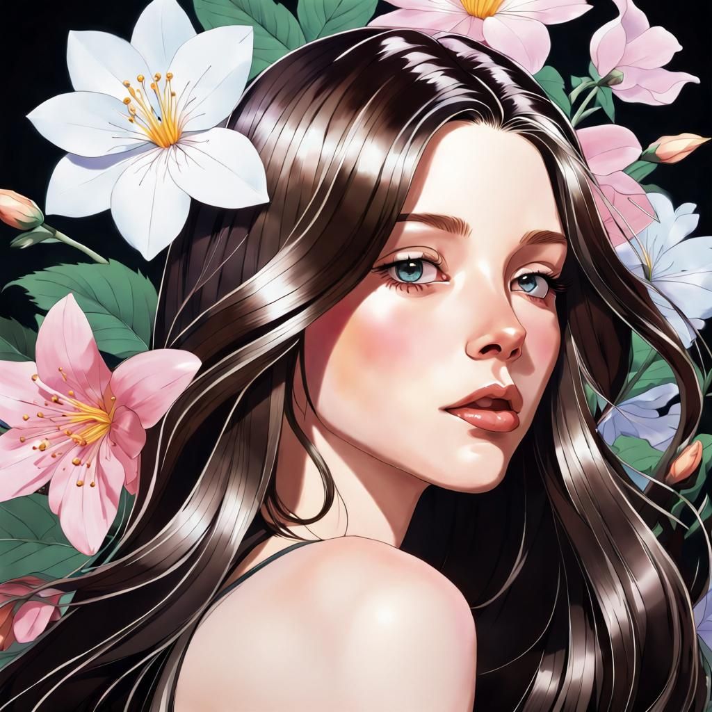 Anime Woman in Flowers Hyperrealistic Illustration