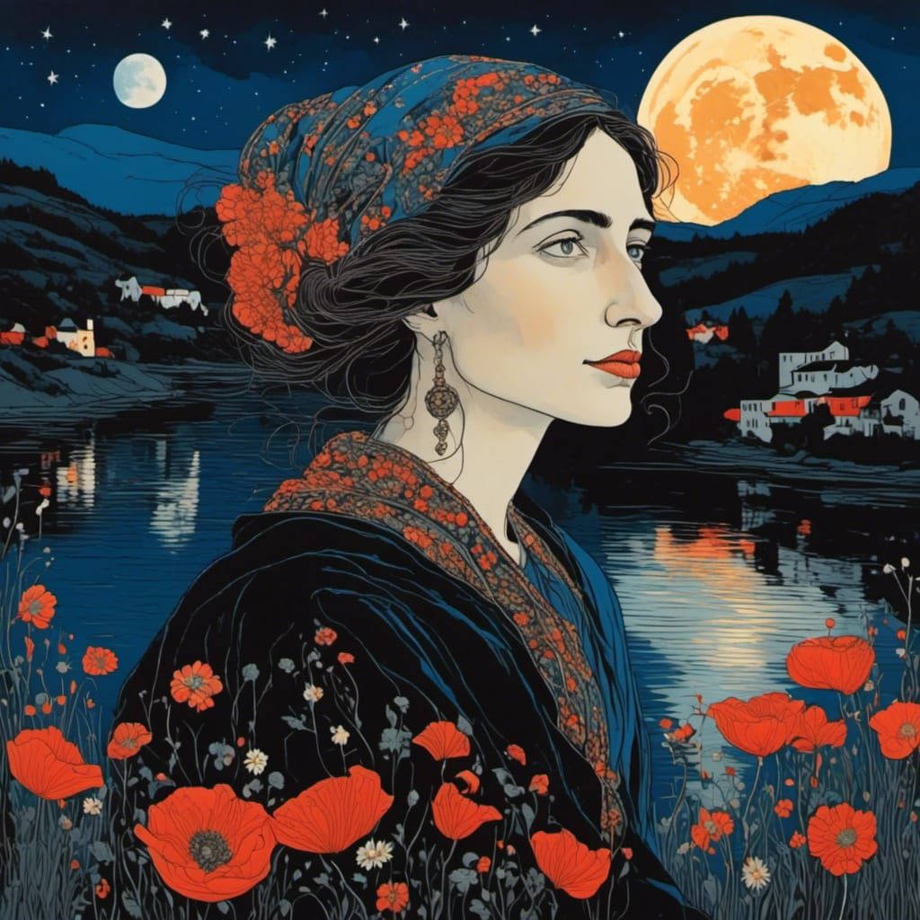 Moonlit Woman's Portrait in Palekh Style