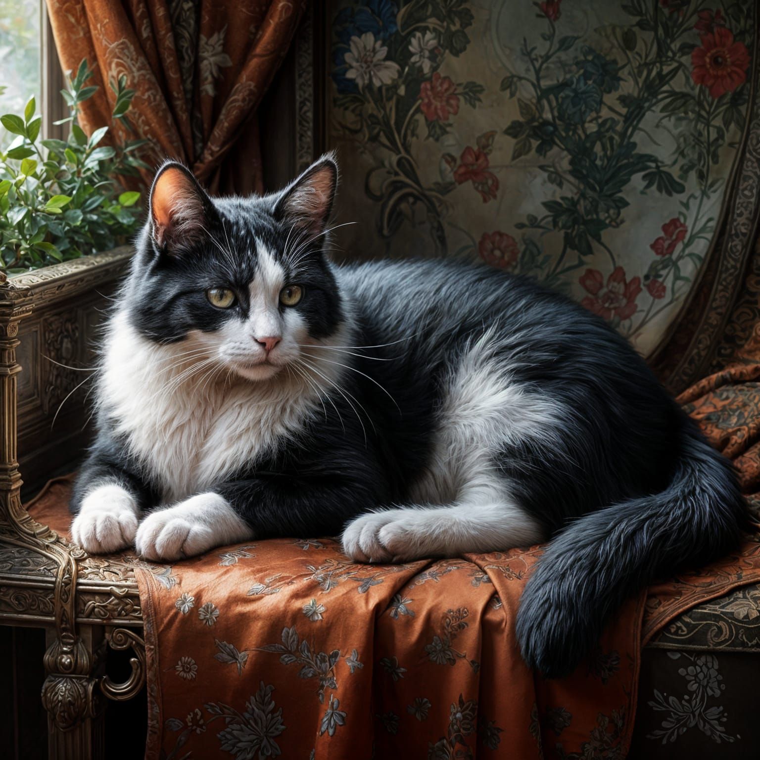 Elegant Black and White Cat in Art Nouveau Style