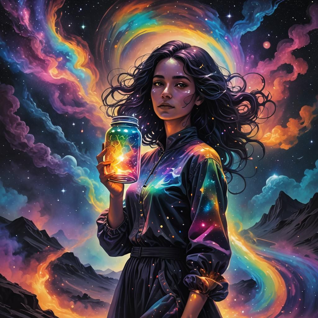 Rainbow Light Woman Wanders Galaxy: Holographic Astral Art