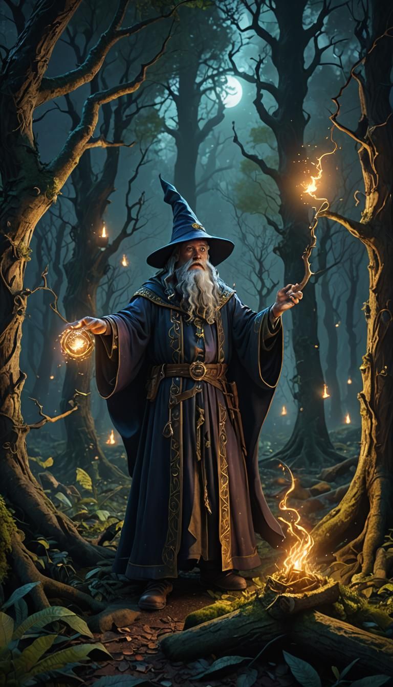 Wizard Casting Spell in Forest at Night
