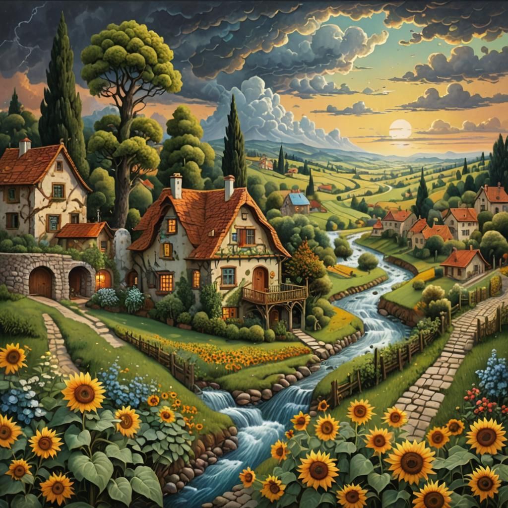 Naive Art Sunflower Field at Sunset