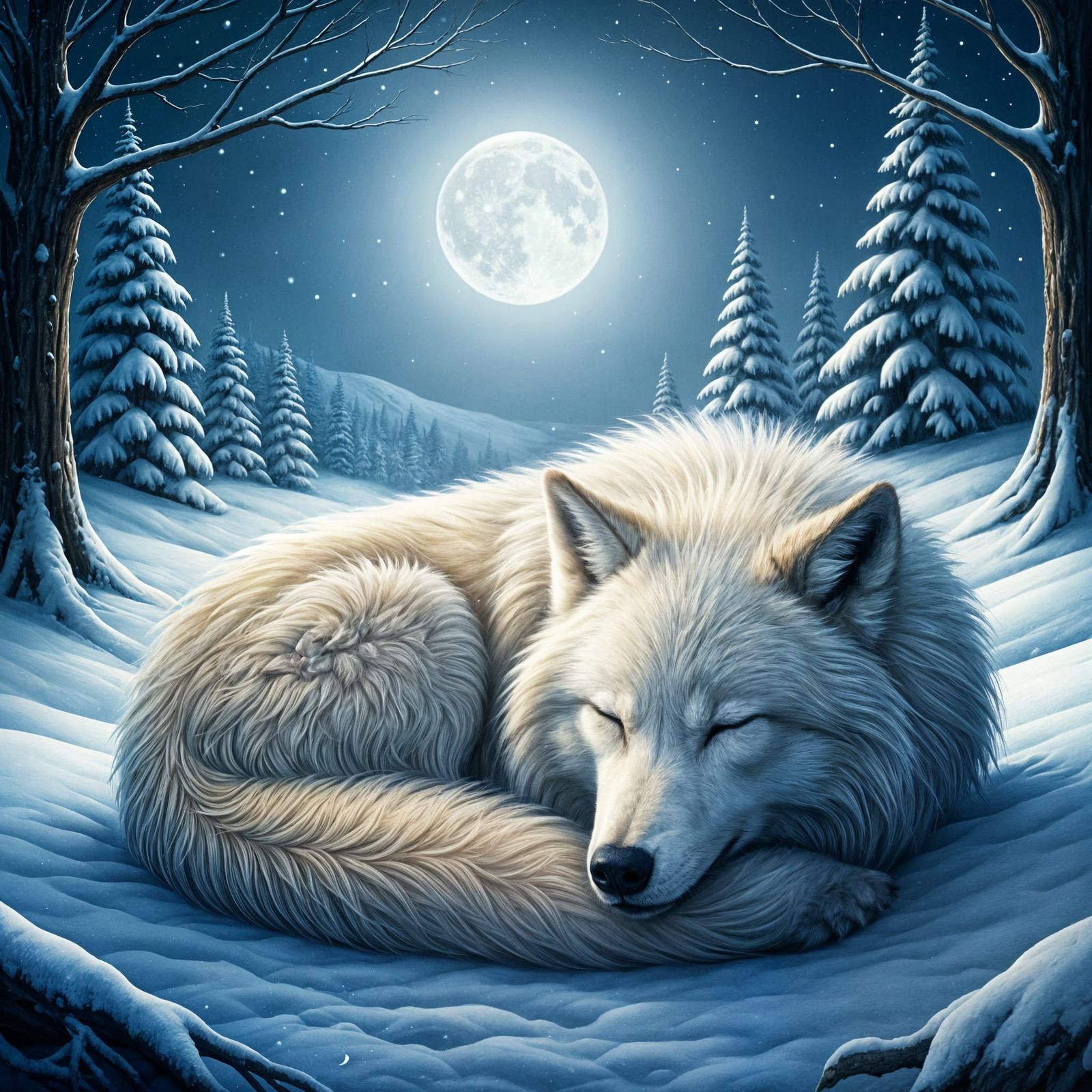 Majestic White Wolf Slumbers Under Moonlit Snow