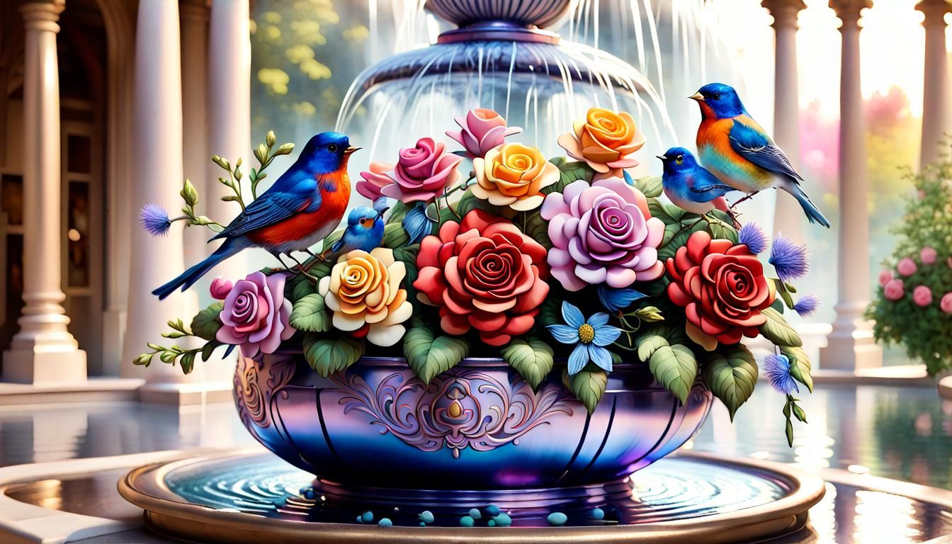 Foil Roses and Birds in Ethereal Fountain, Digital Illustrat...
