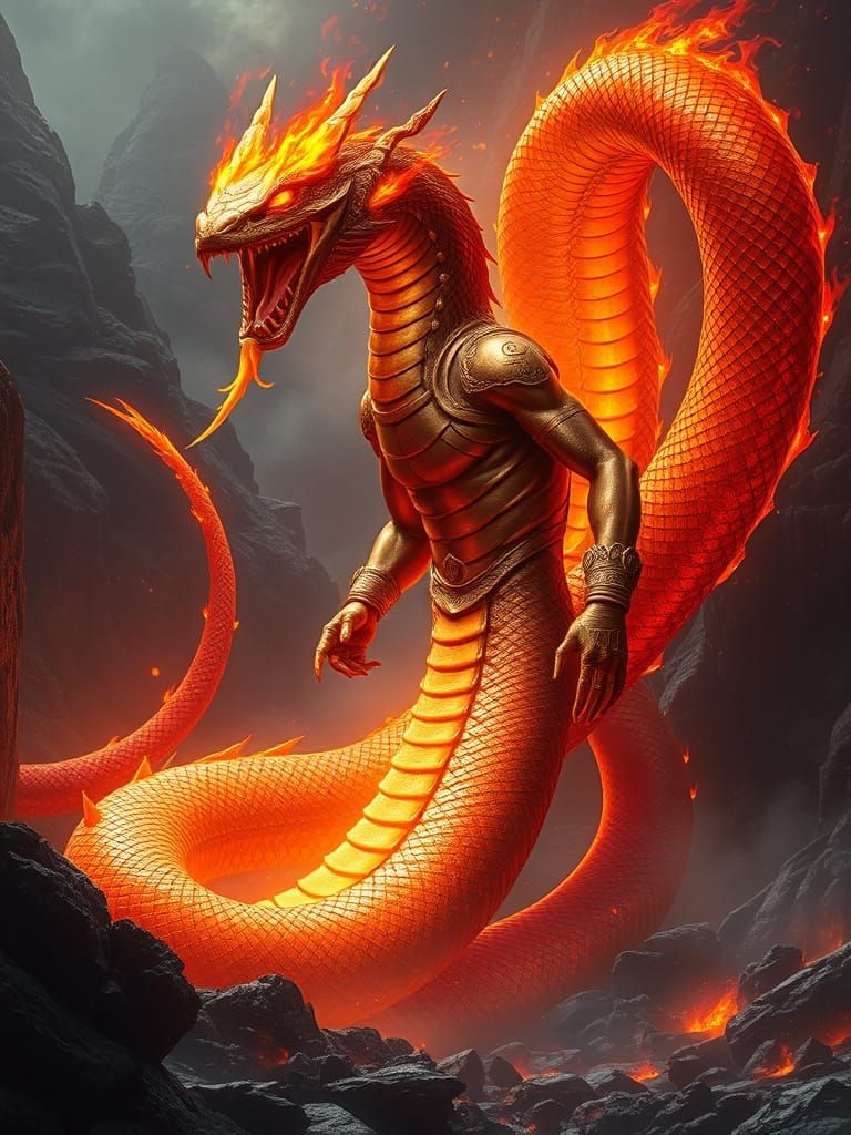 Majestic Fire Cobra God Emerges from Volcanic Landscape