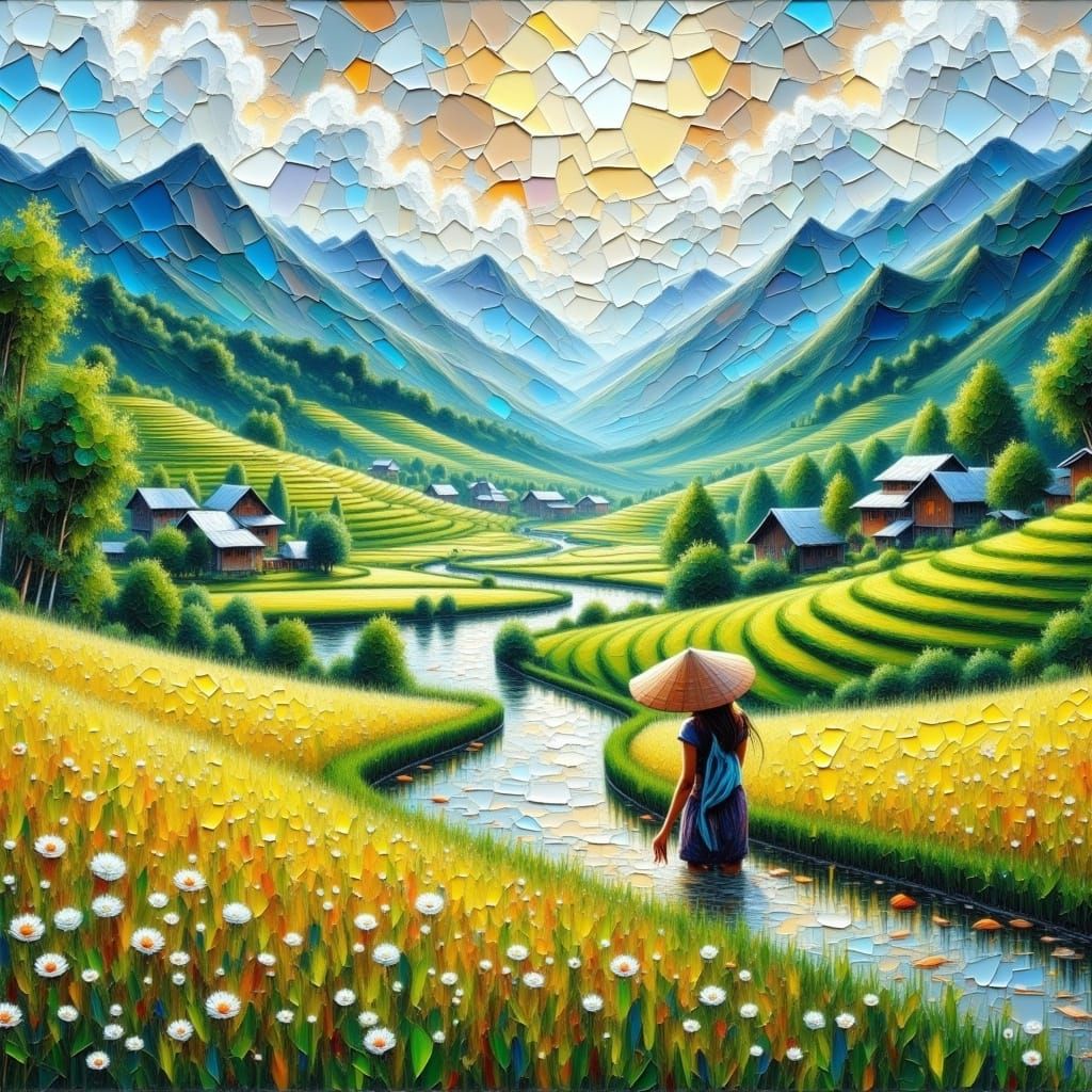 Miao Girl Planting Rice in Impasto Style
