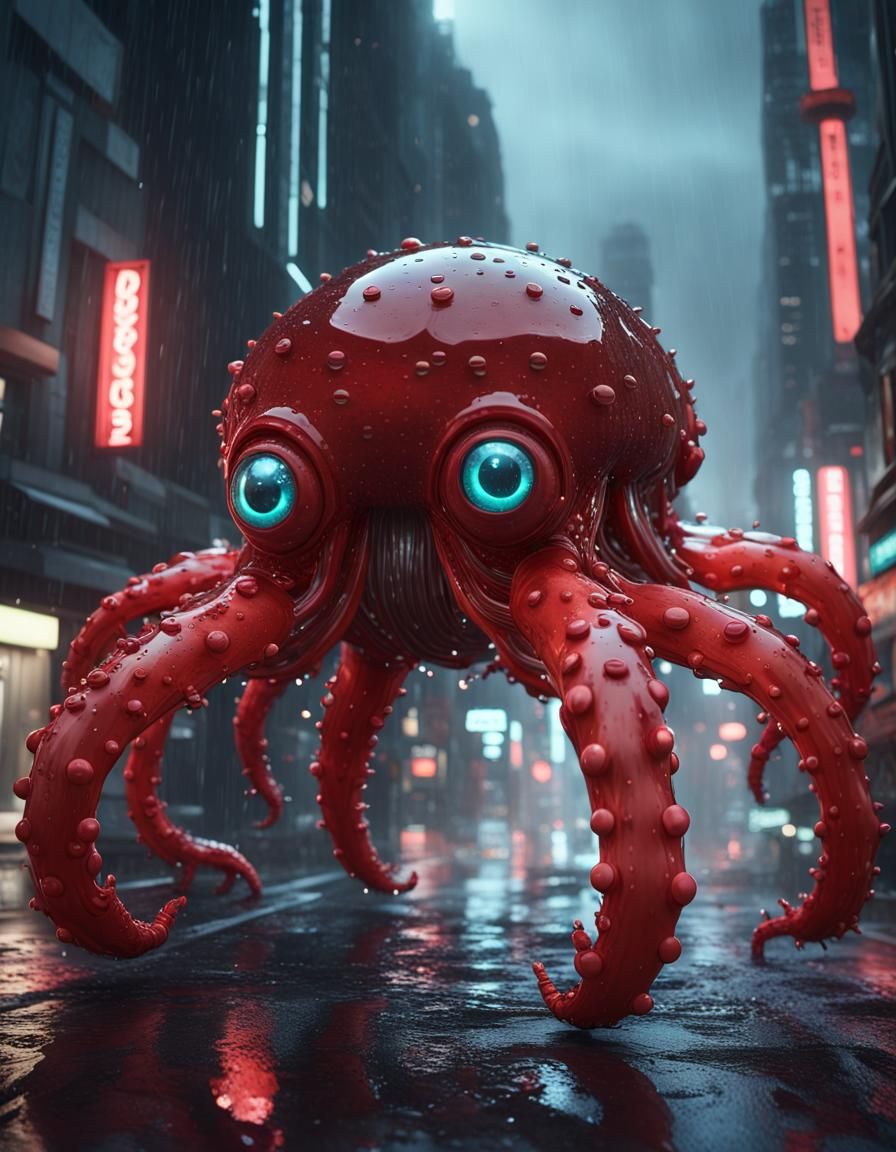Futuristic Red Octopus Monster in City at Night