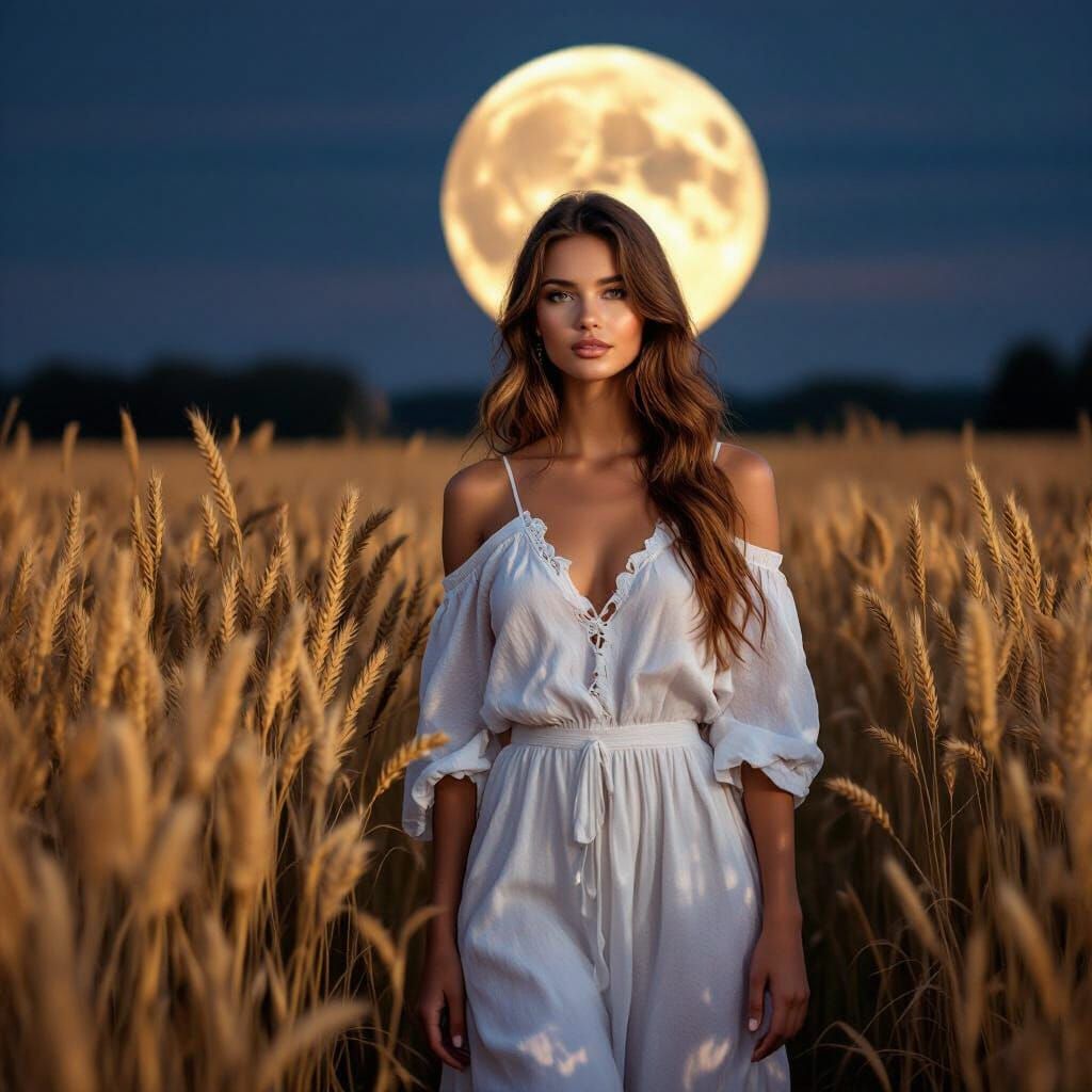 Wheat Field Moonlight: Woman in White Tunic