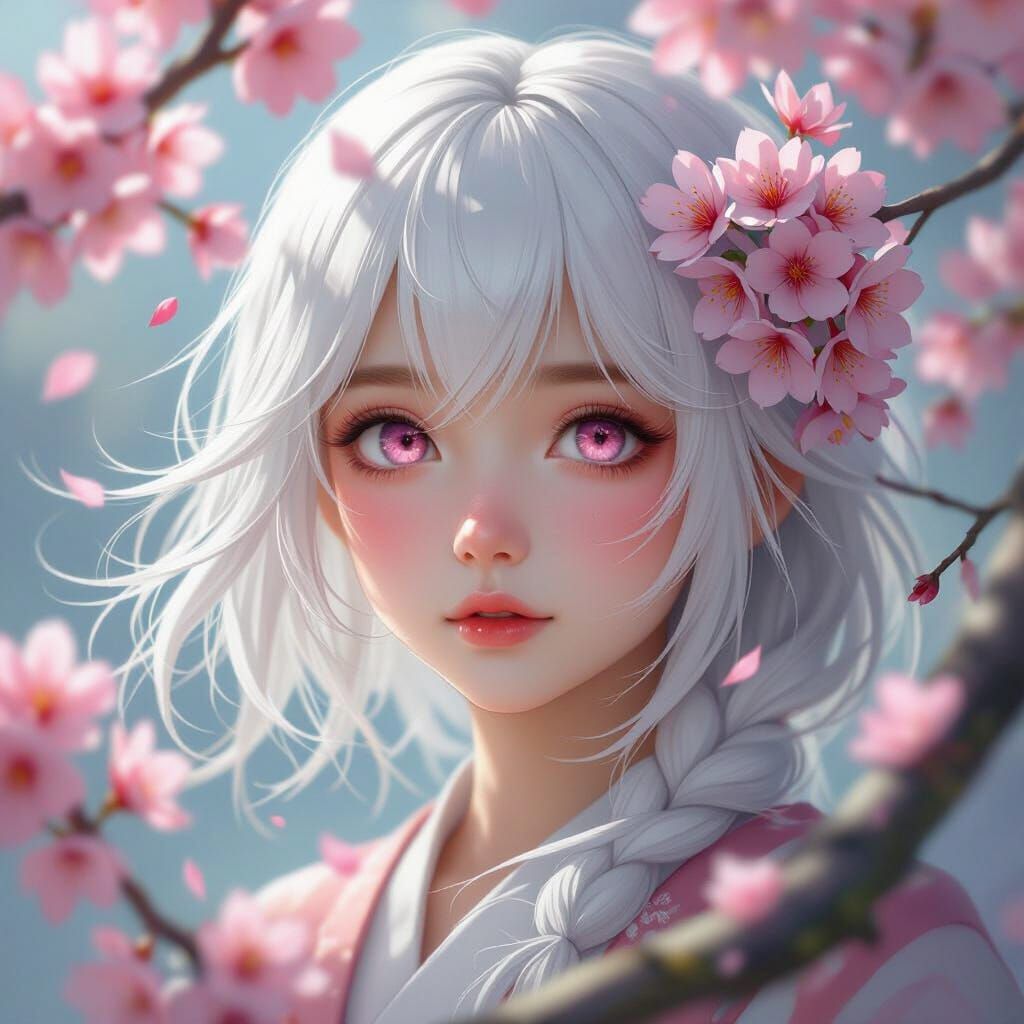 Beautiful Girl with Cherry Blossom Eyes in Digital Matte Pai...