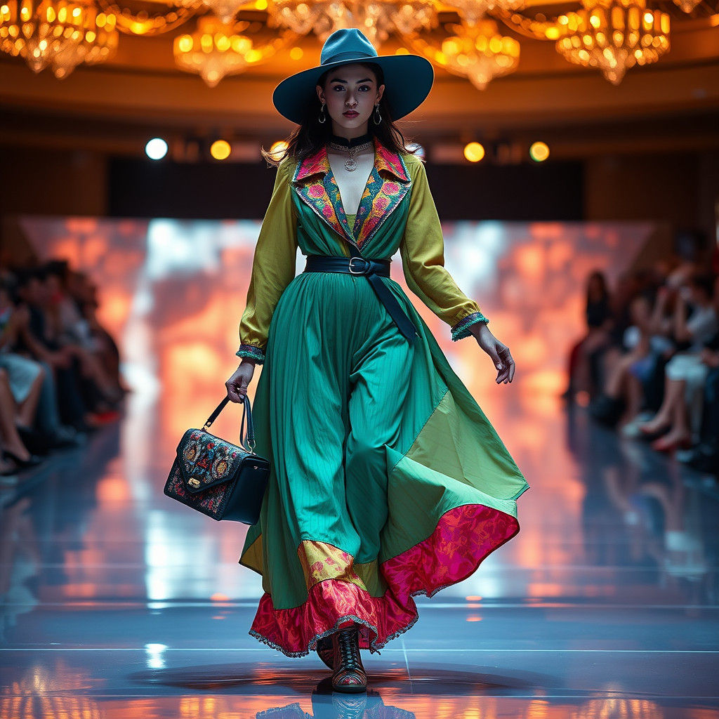 Fashion Model Striding on Runway in Avant-Garde Outfit