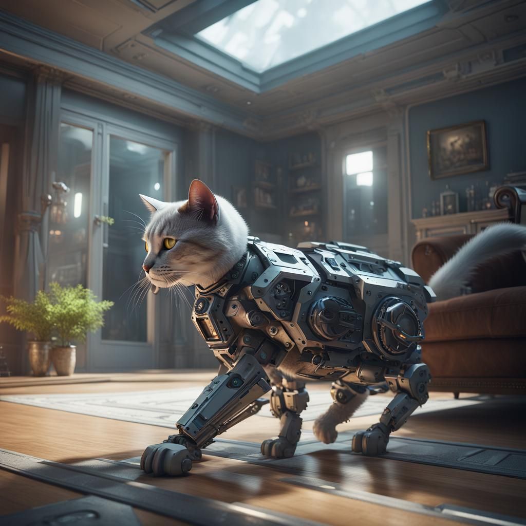 Cat in Cybernetic Armor Walking in House