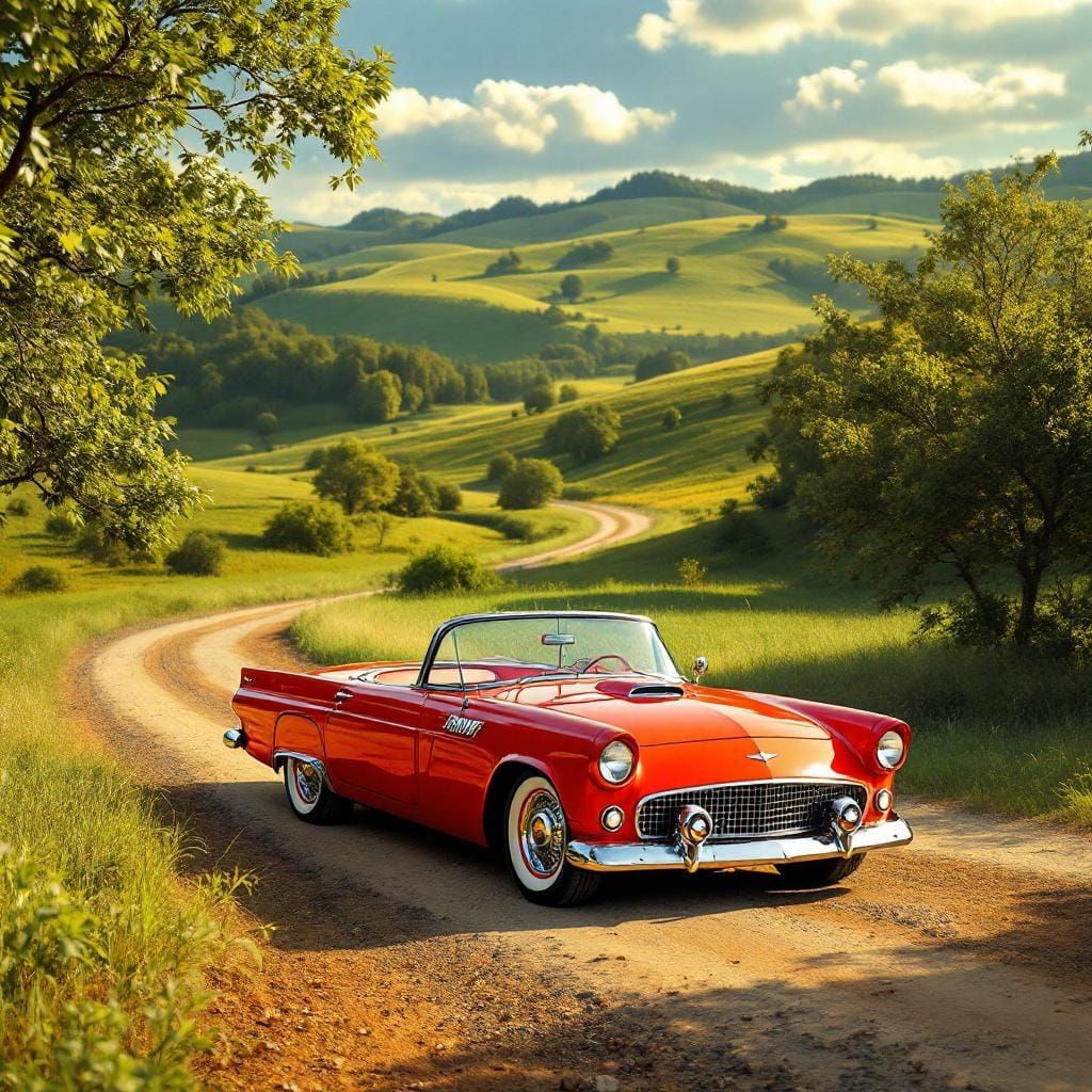 Flaming Orange 1956 Ford Thunderbird on Country Road