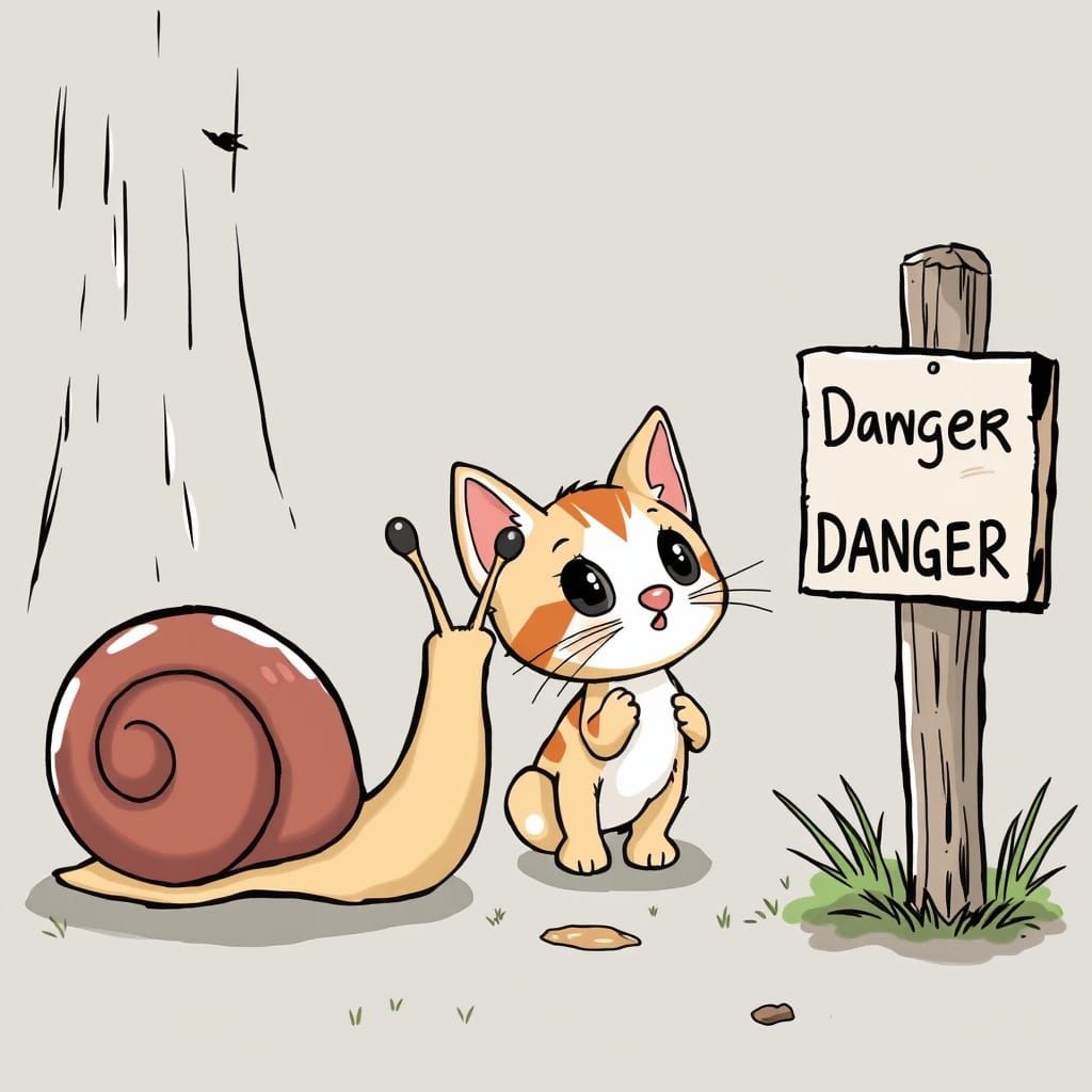 Cartoon Snail and Kitten See Danger Sign
