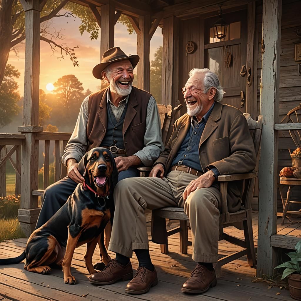 Country Sunset: Two Old Men Laughing with Bloodhound