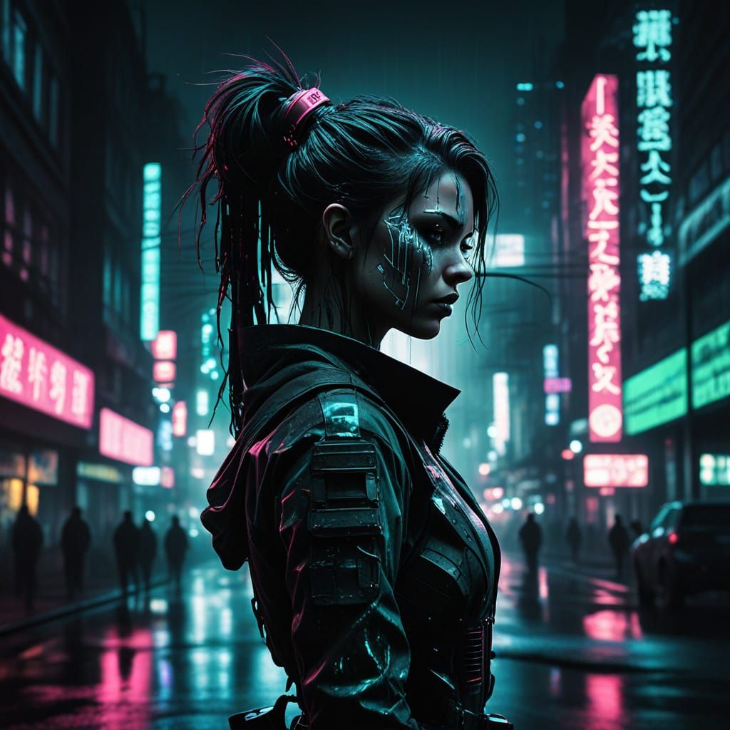 Cyberpunk ink drawing. Close-up double exposure. A girl A girl hunter with a bow closed stands in front of a futuristic ...