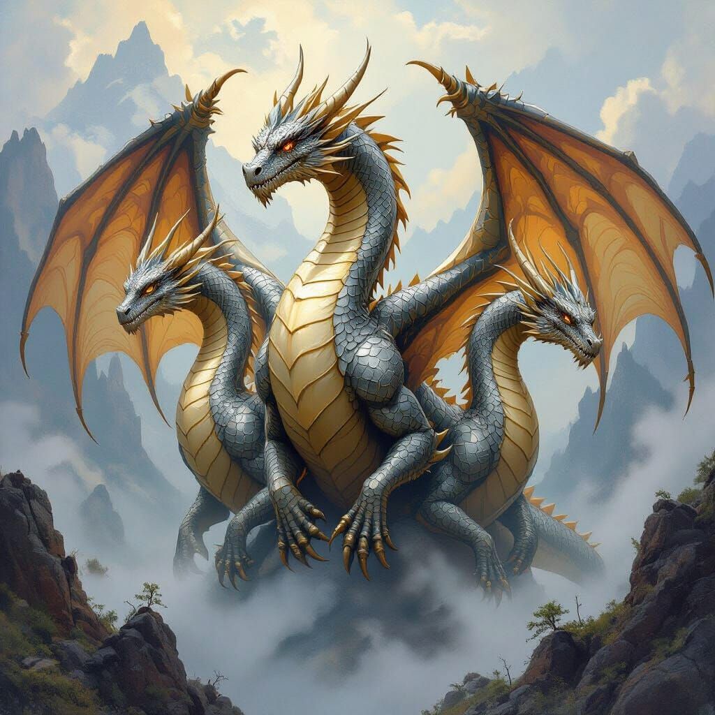 Majestic Three-Headed Dragon in Epic Fantasy Style