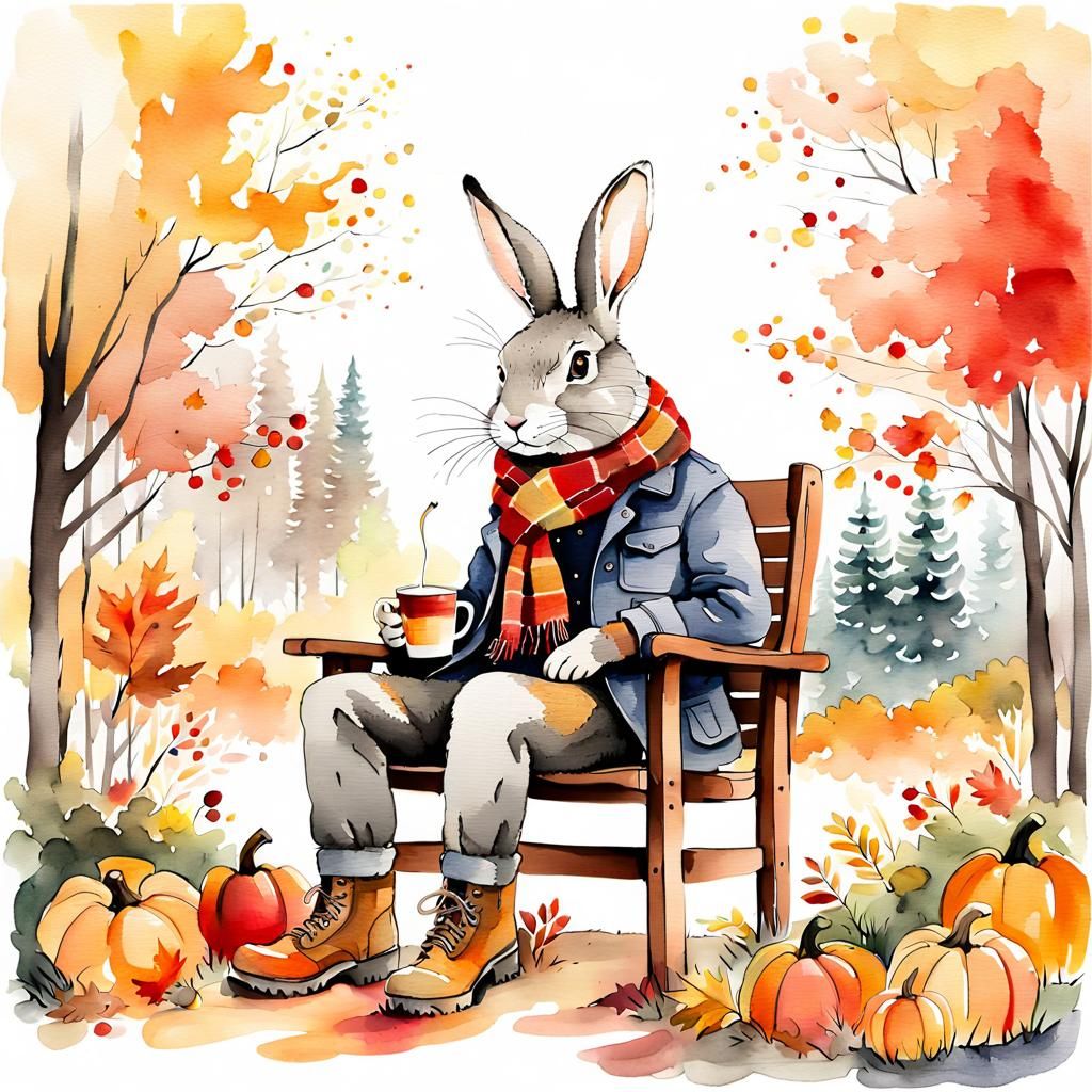 Whimsical Watercolor Rabbit Enjoying Autumn Latte