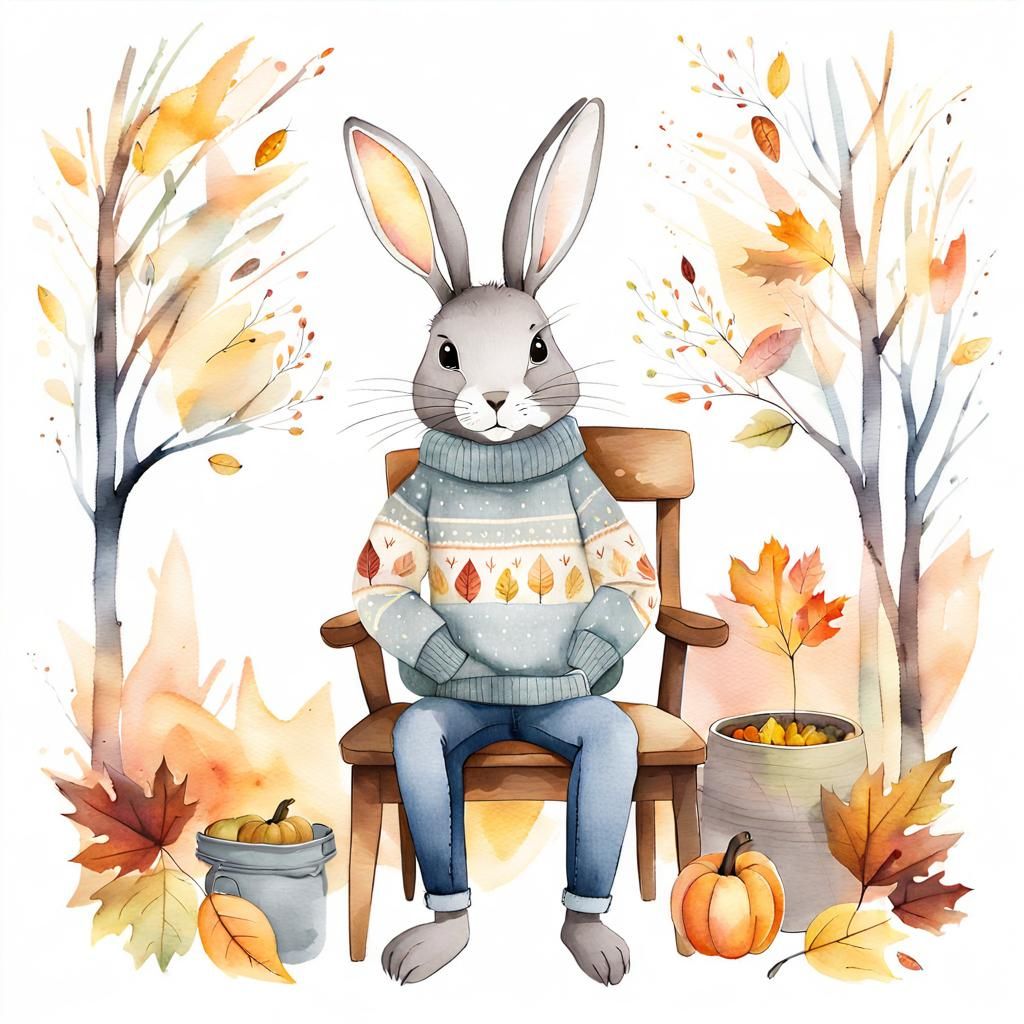 Whimsical Autumn Rabbit in Watercolor Illustration