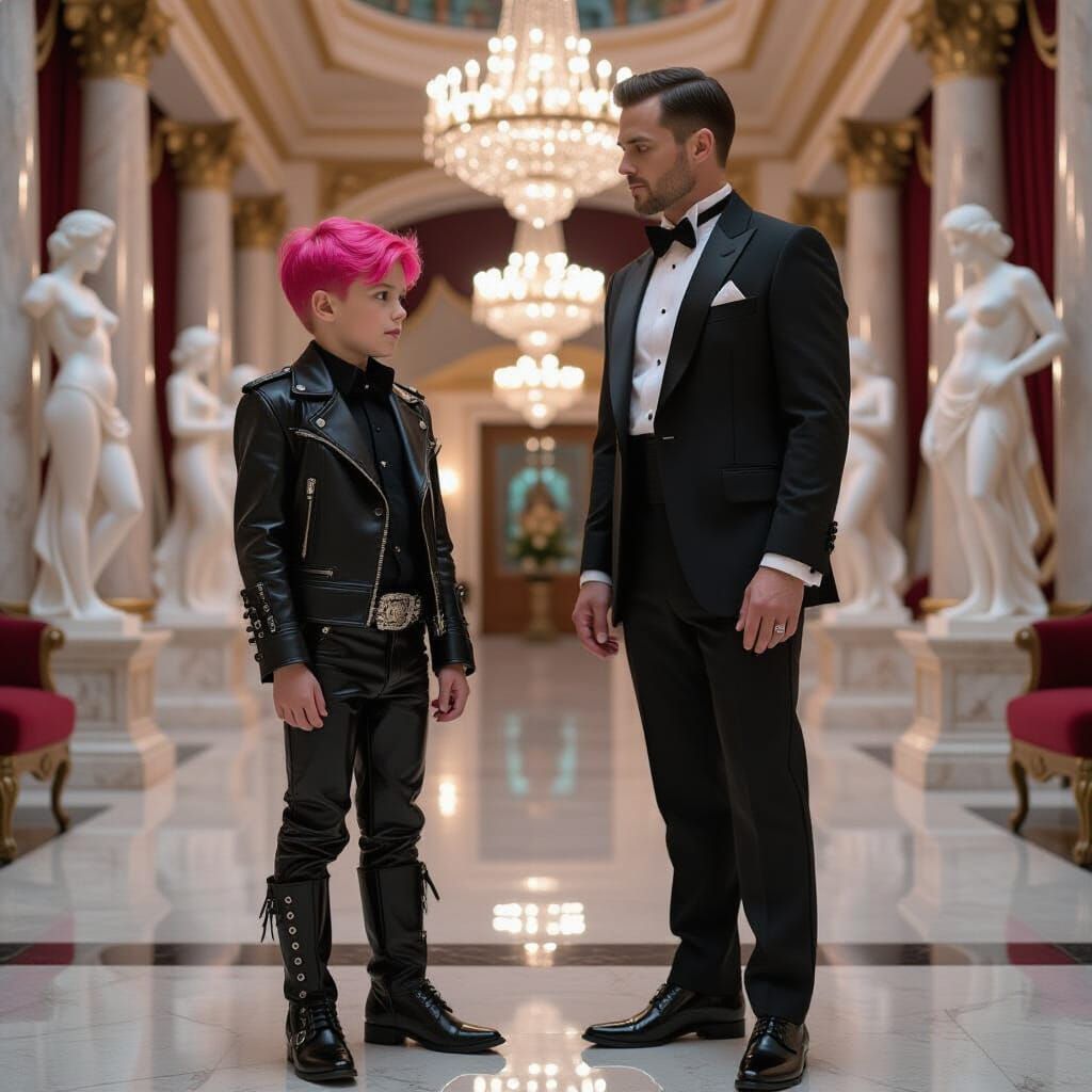 Gothic Boy in Opulent Showroom, Digital Art