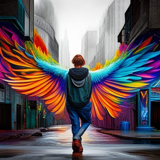 Colorful Graffiti Wings in Street Art Style