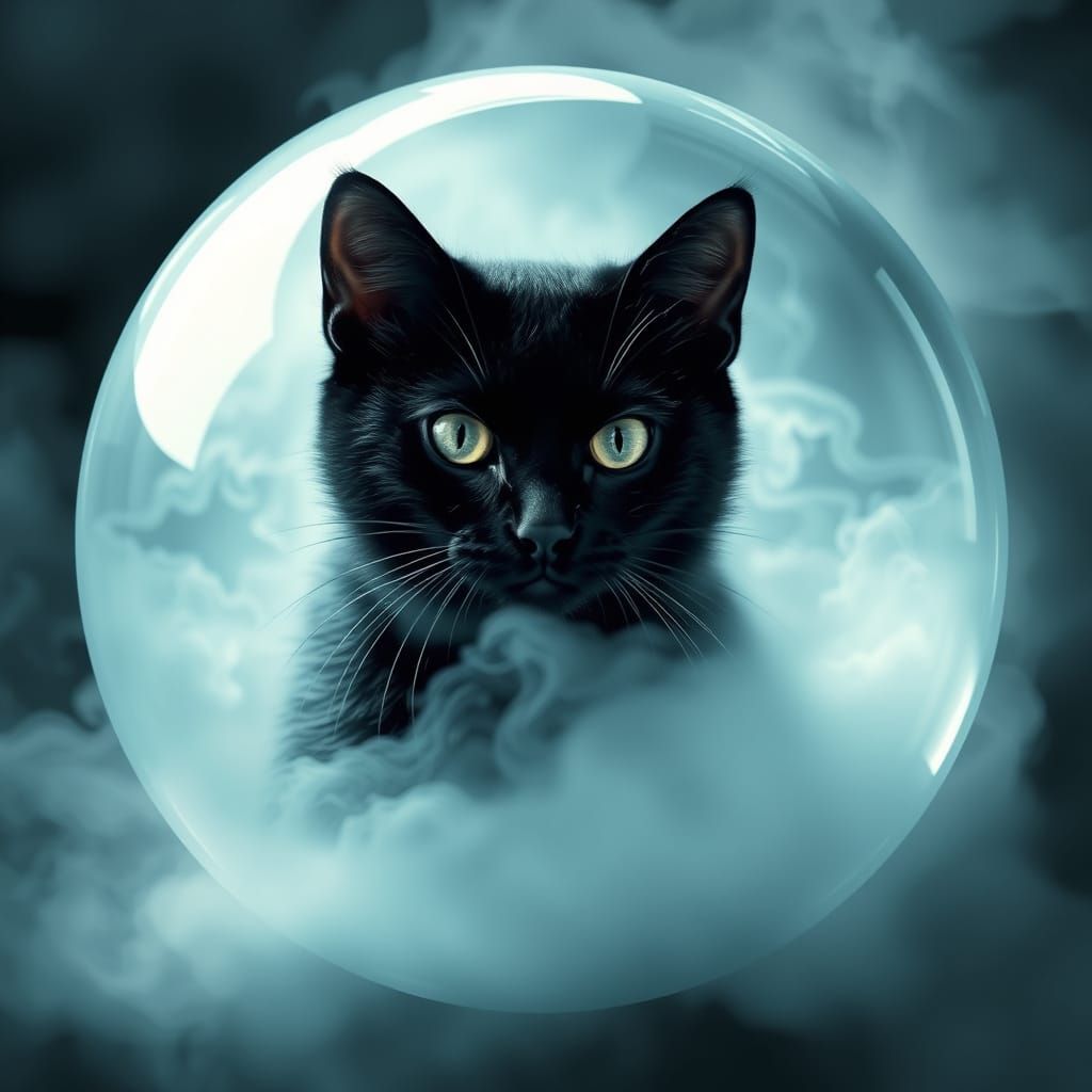 A black cat appearing through mist inside a crystal ball