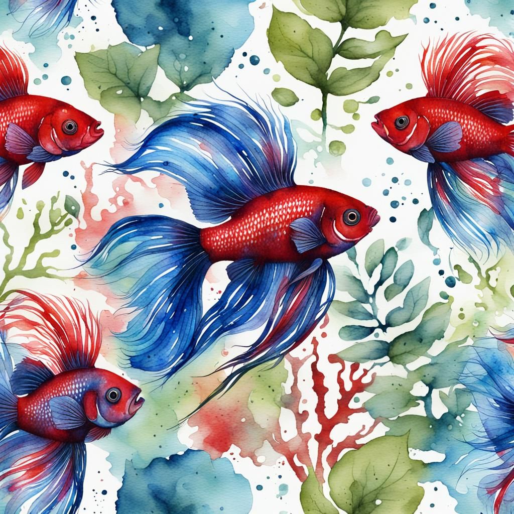 spattered watercolour red blue betta fish swirls in plants