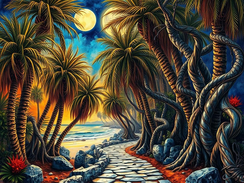 A chaotic, intricate, and twisted arabesque forest of palm trees with heavy, impasto textures and rich, vibrant colours,...