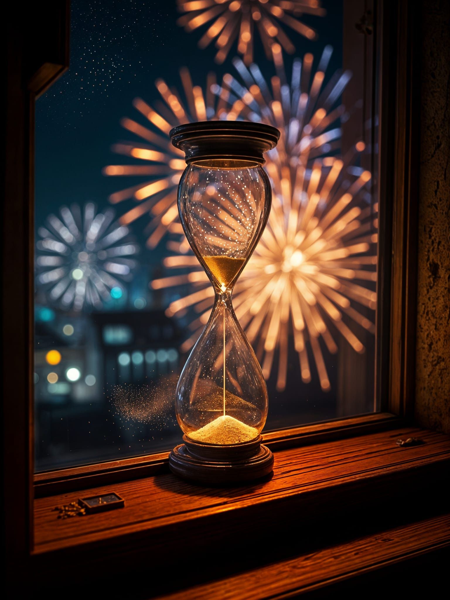 Midnight Hourglass and Fireworks in a Vibrant Nighttime Scen...