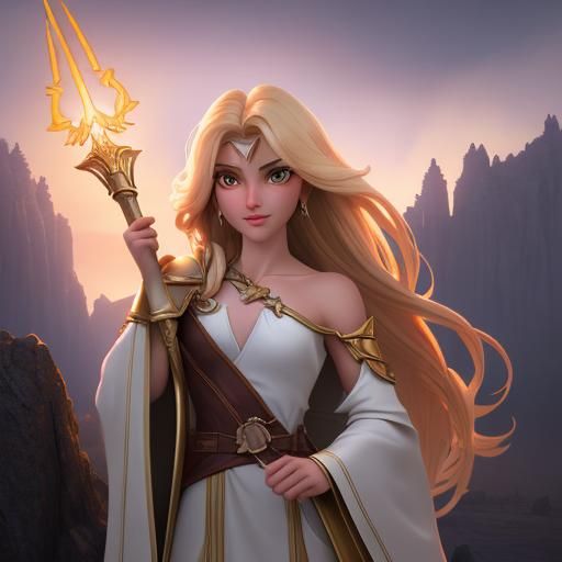 Winged Warrior with Flaming Sword in Fantasy Landscape