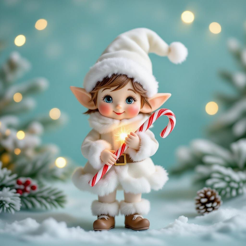 Adorable Miniature Christmas Elf Holding Candy Cane