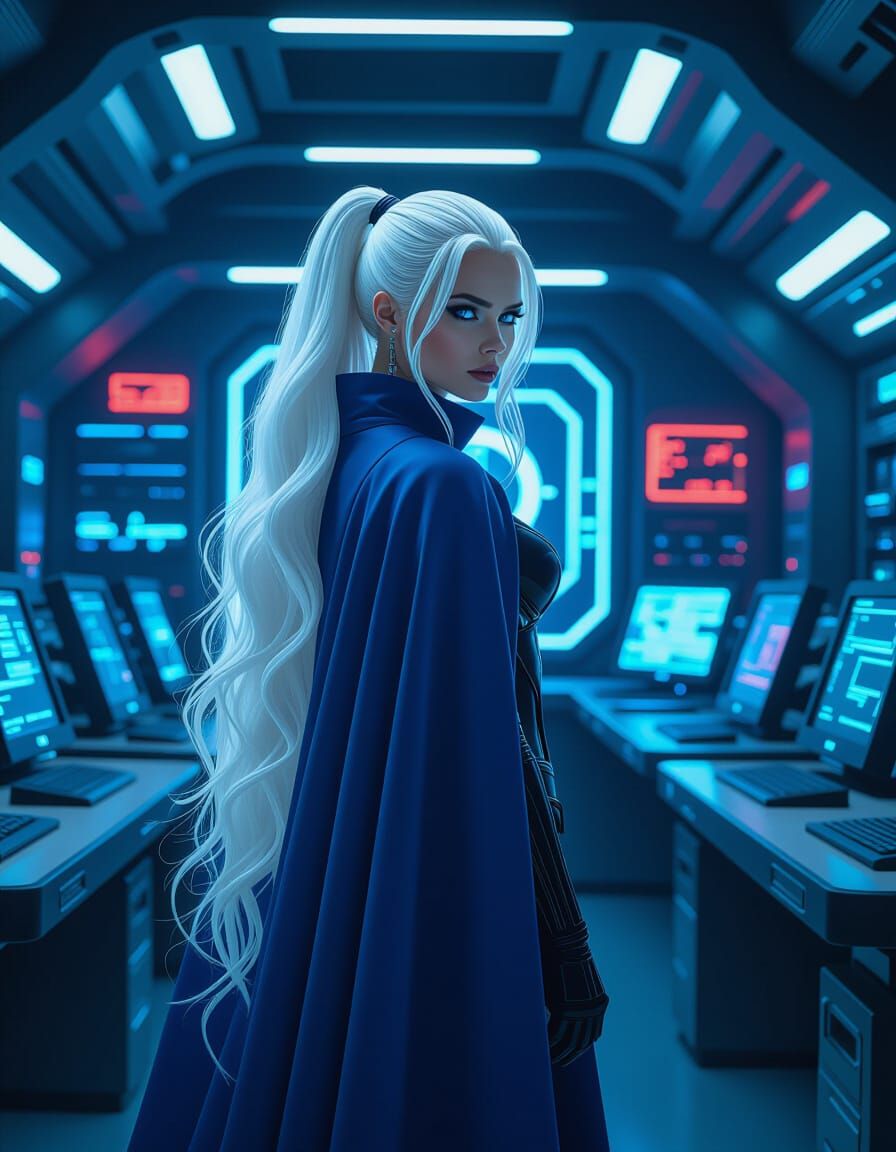 Cybernetic Woman with White Hair in Sci-Fi Setting