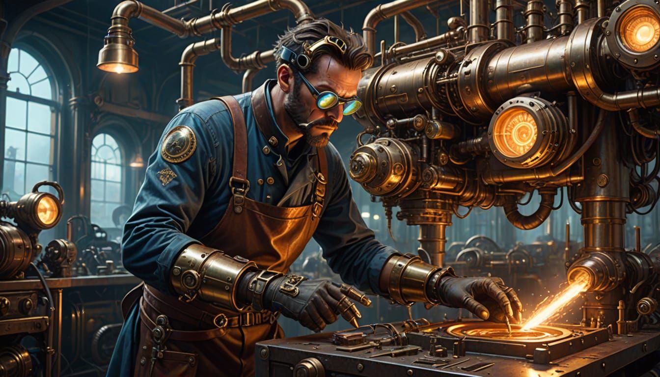 A Steampunk Inventor Amidst Gears and Neon