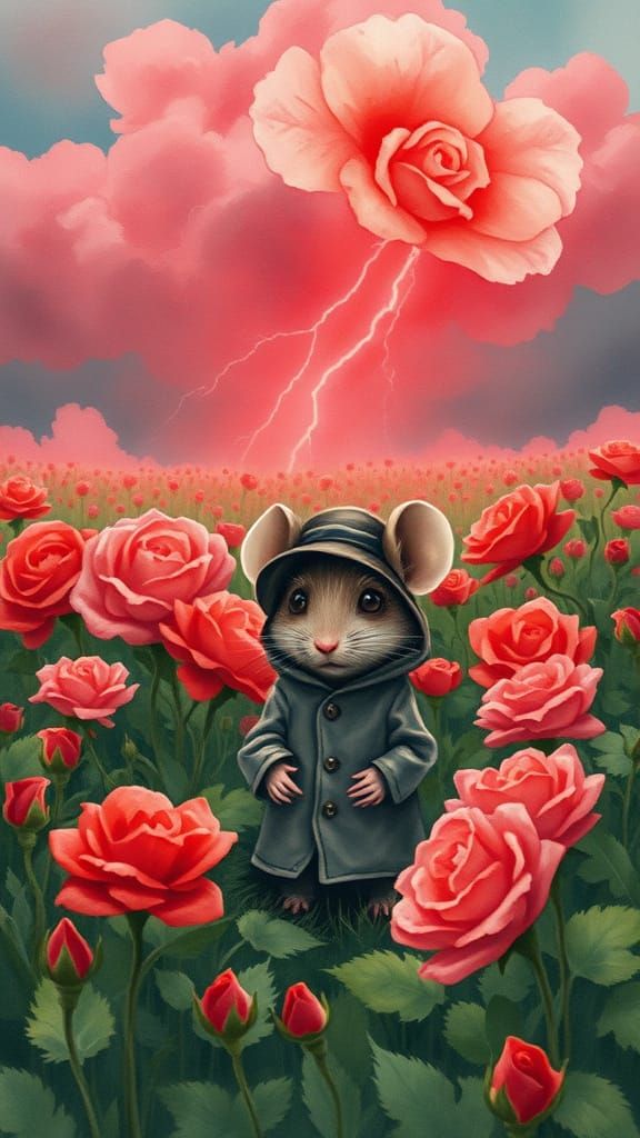 Whimsical Mouse in a Field of Roses with Dramatic Lightning
