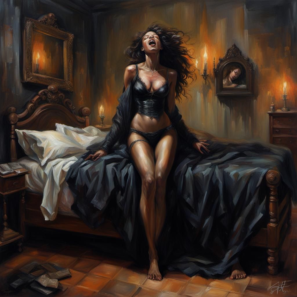 Ecstatic Woman in Gothic Bedroom as Oil Painting