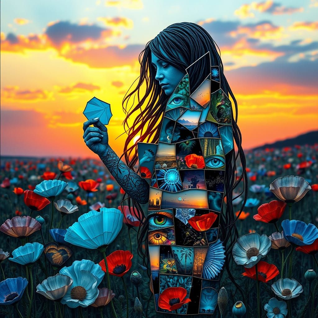 Surreal Goddess Emerges from Blooming Blue Poppies in Vibran...