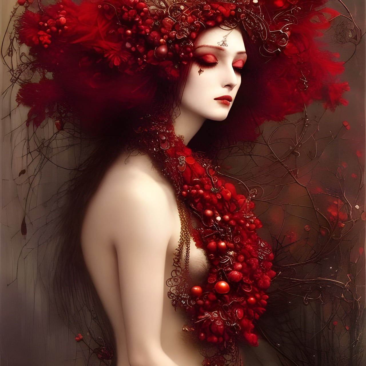 Sorrowful Goddess Portrait in Red Threads
